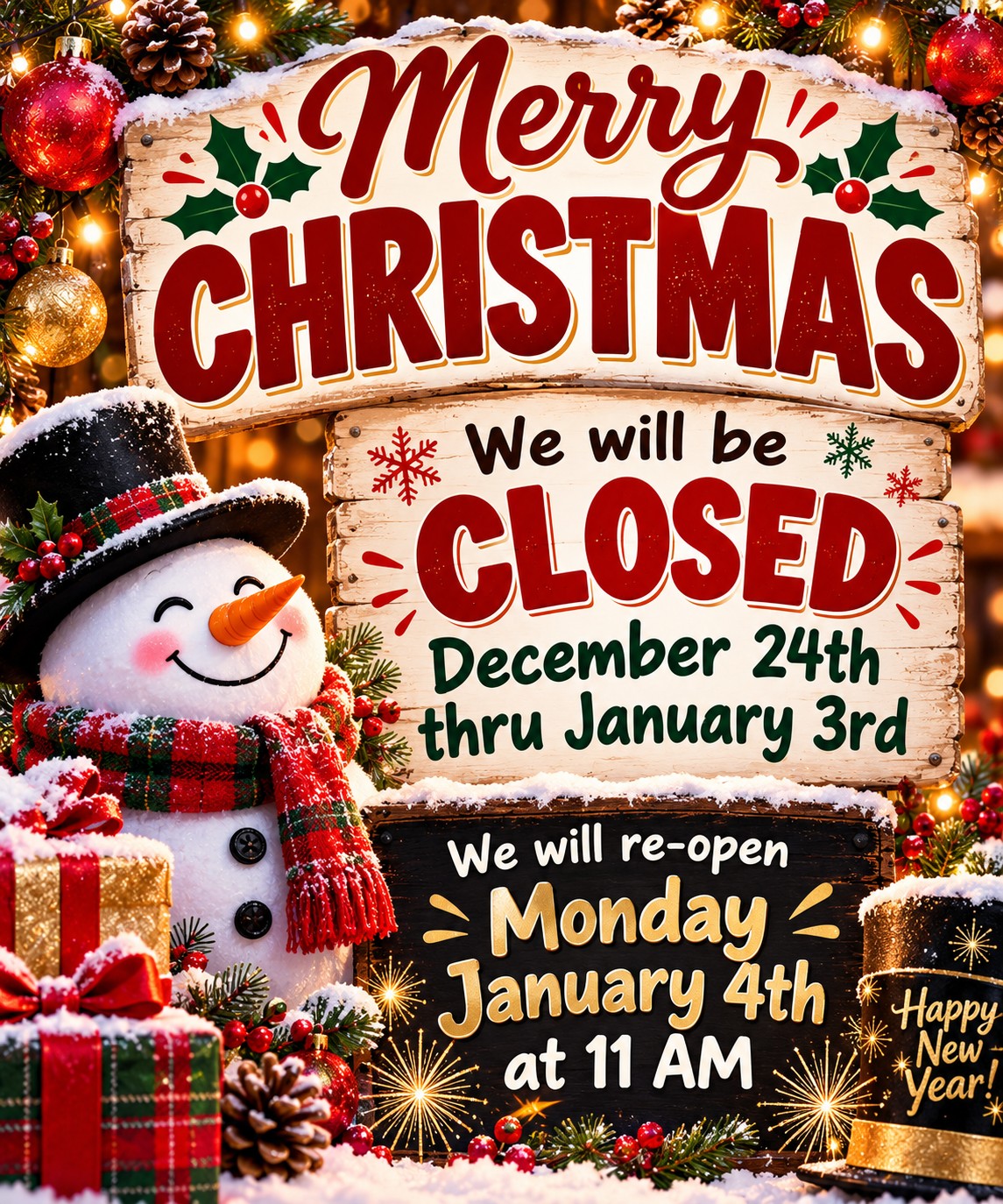 Acme Pizza Christmas holiday hours: closed Dec 24 through Jan 3, reopening Mon Jan 4 at 11 AM