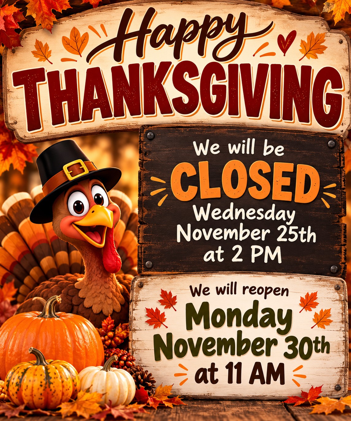 Acme Pizza Thanksgiving holiday hours: closed Wed Nov 25 at 2 PM, reopening Mon Nov 30 at 11 AM